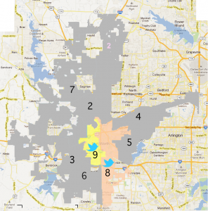 Fort Worth City Council Districts and reps with Twitter accounts
